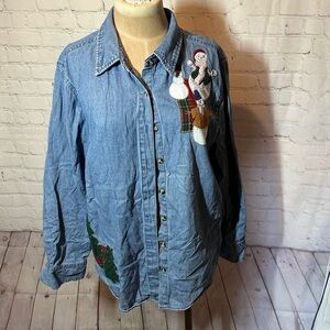 Vintage 90s Embroidered Denim Shirt with Winter holiday Design size XL